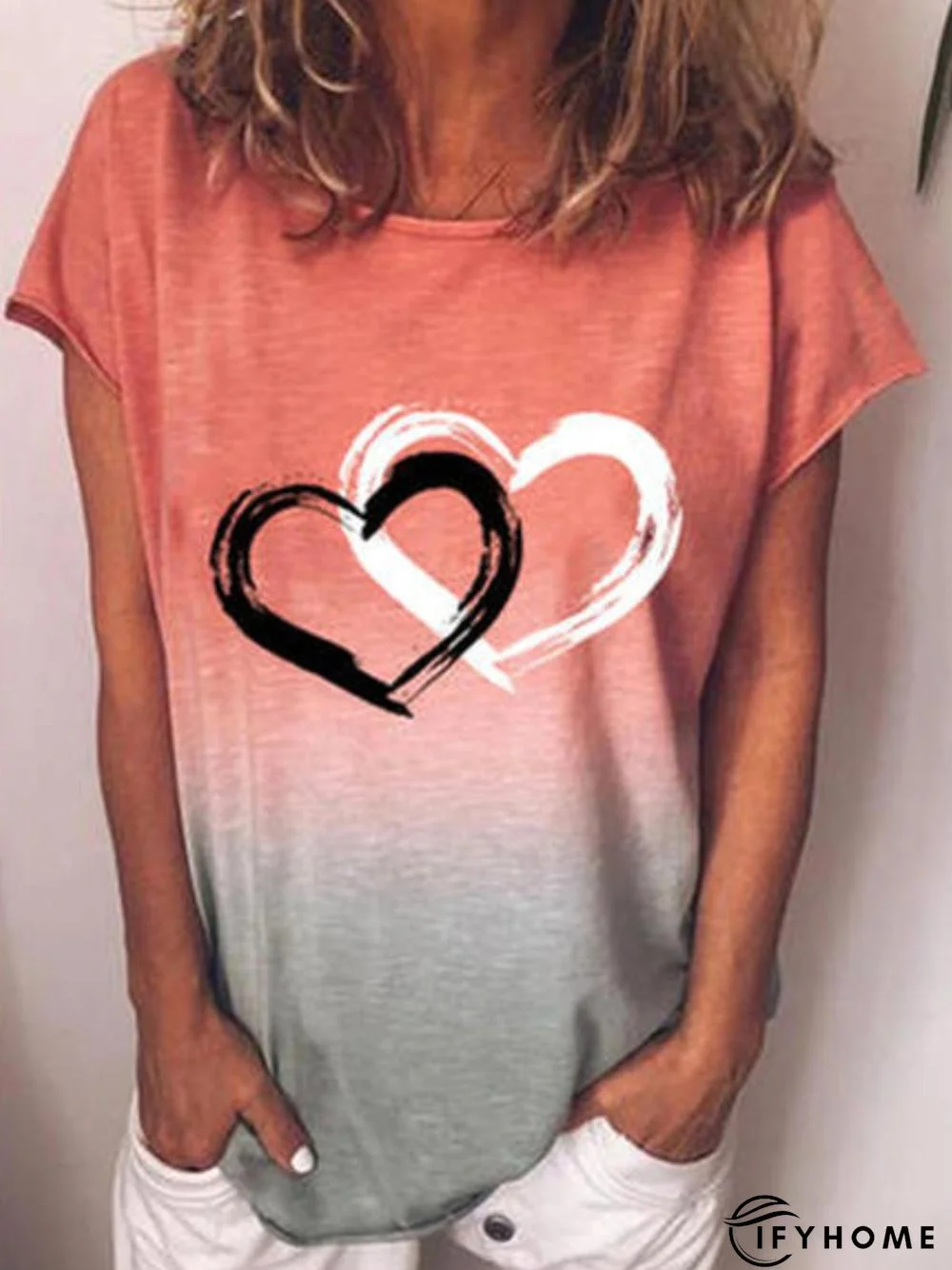 Casual Heart Short Sleeve Round Neck Printed Top T-shirt | IFYHOME