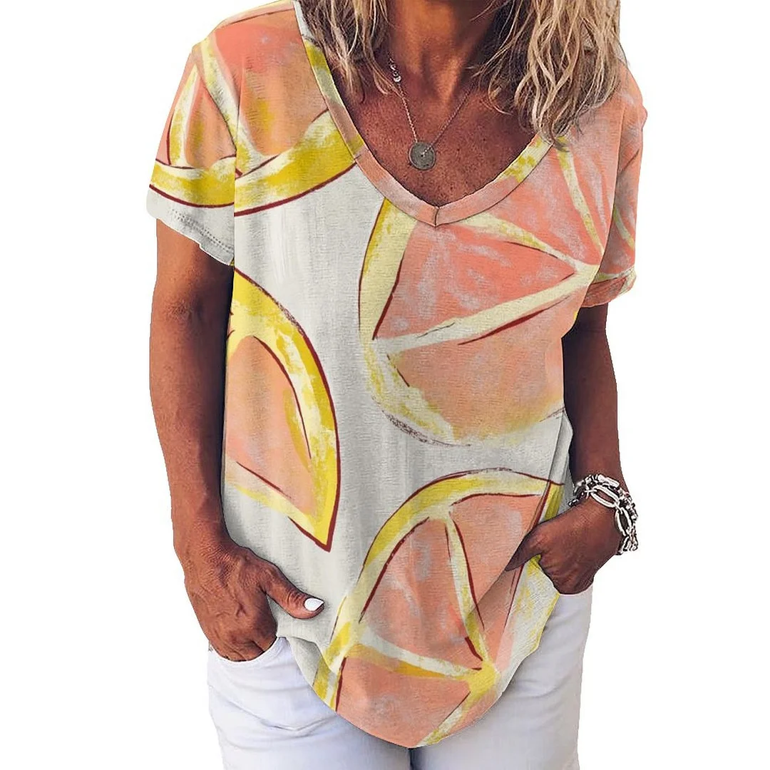 V-neck Short Sleeve Casual T-shirt for  Women Printed with Pattern Lemon, Summer, Yellow