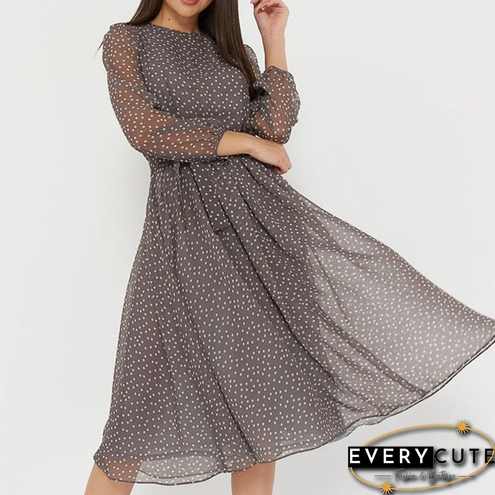 New Fashion Casual Polka Dot Print Chiffon Dress Womens High Waist lantern sleeve a-line