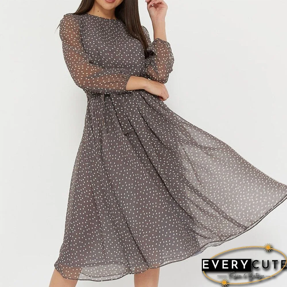 Holiday New Fashion Casual Polka Dot Printed Chiffon Dress Women's High Waist Lantern Sleeve A-Line Knee-Length Dress