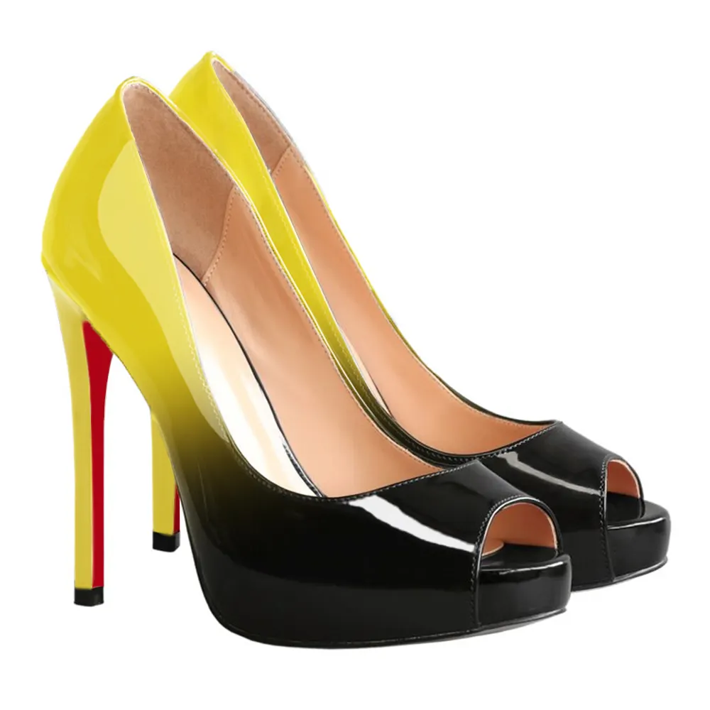 120mm Women's Platforms Heels Party Wedding Pumps Gradient Color Yellow Black-vocosishoes