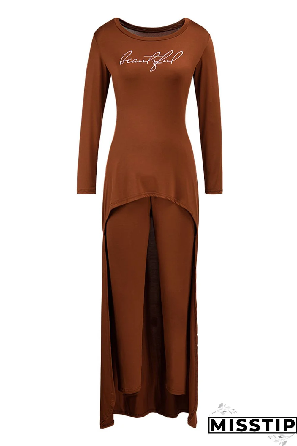 Green Casual Print Patchwork Asymmetrical O Neck Long Sleeve Two Pieces