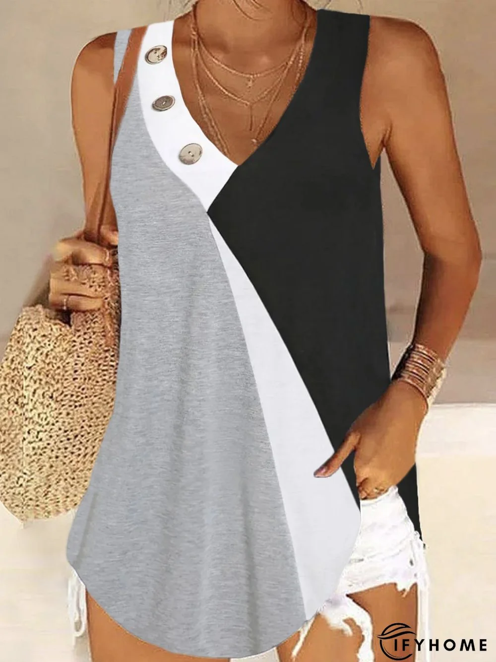 Plain Color-block Buttoned Sleeveless V Neck Casual Tunic Tanks | IFYHOME