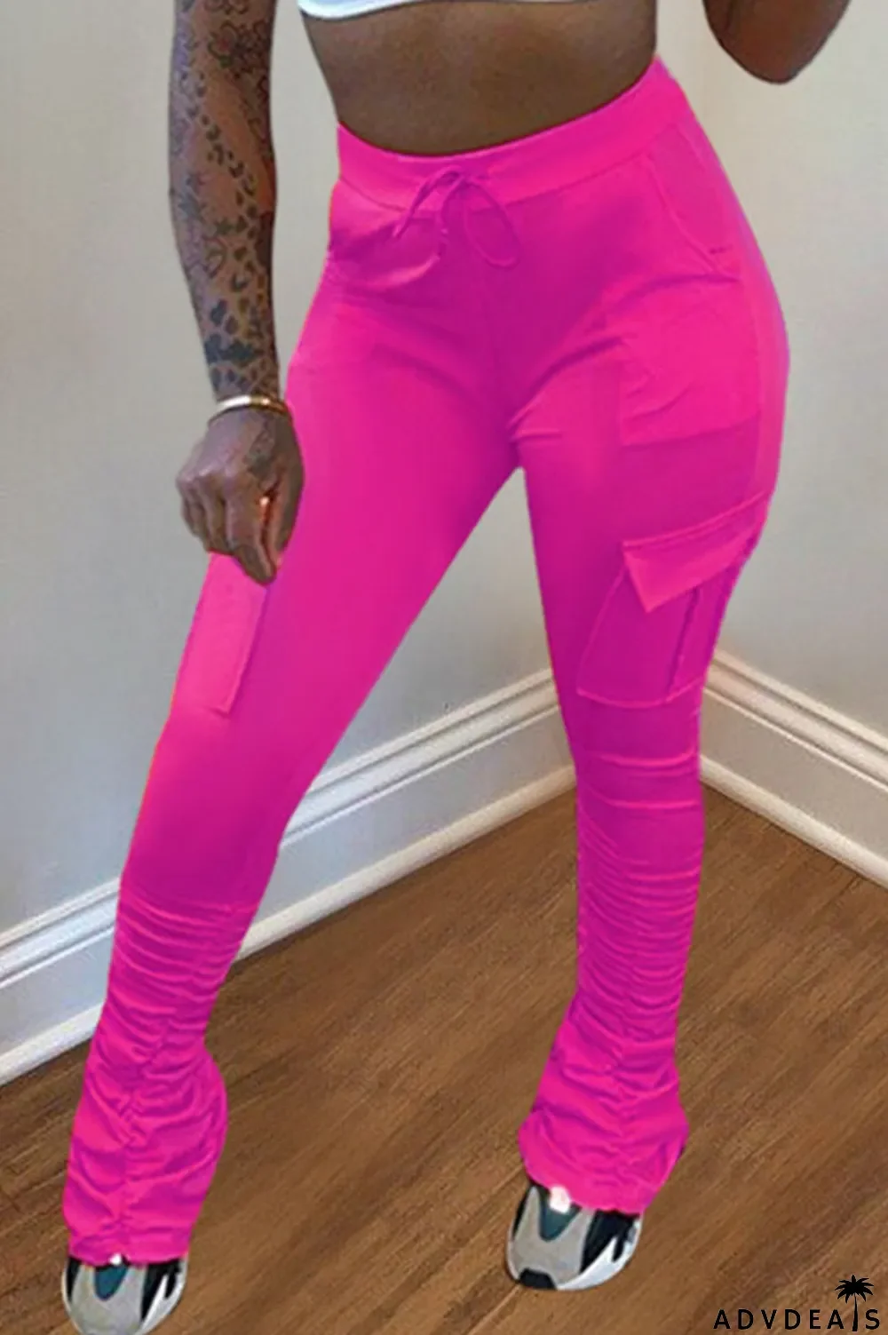 Orange Drawstring High Solid Pocket Draped Boot Cut Pants Bottoms