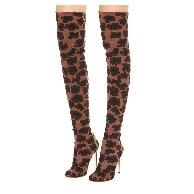 Brown Leopard Print Boots Thigh High Stiletto Heels Long Boots |FSJ Shoes