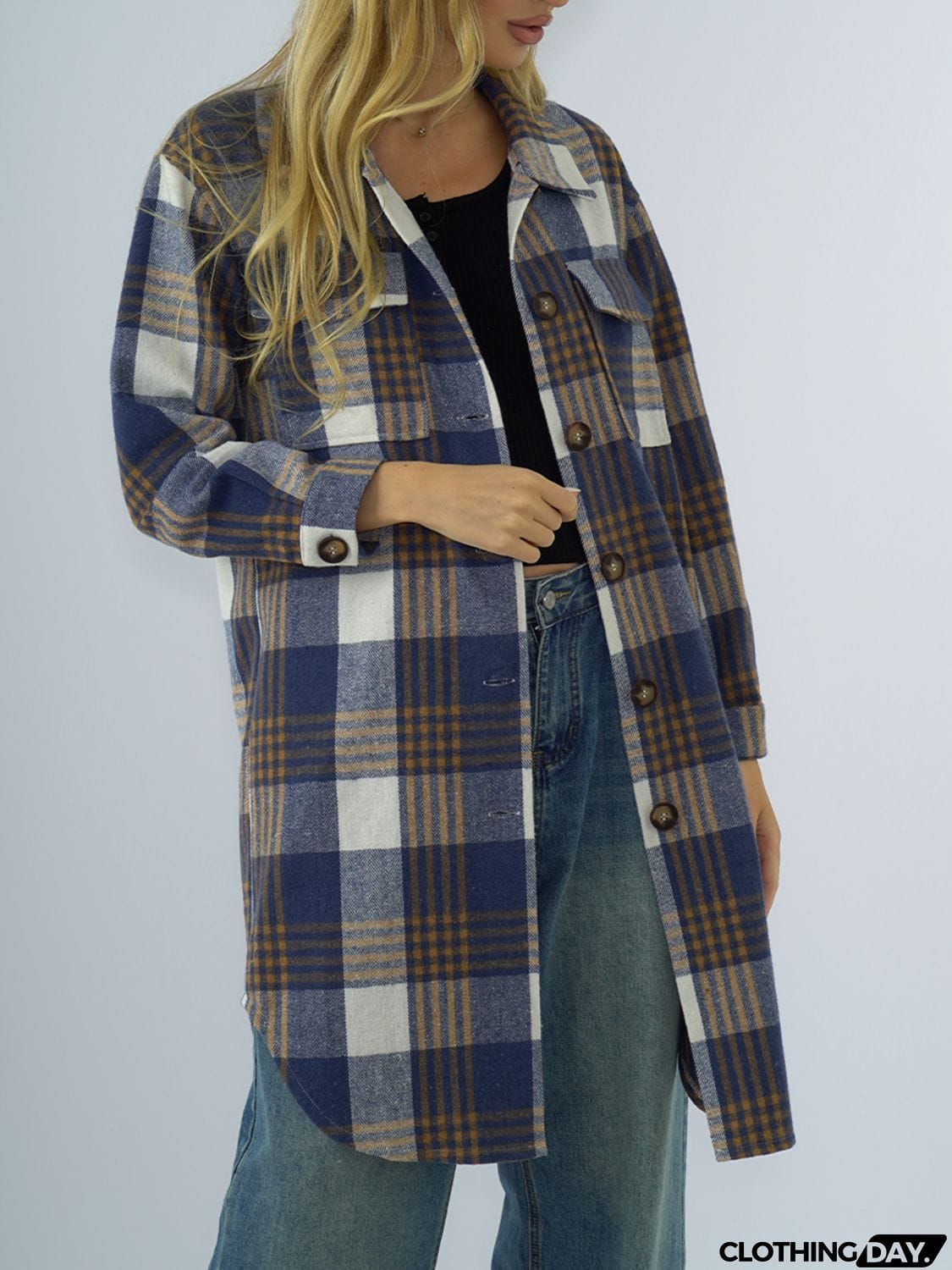Plaid Collared Neck Long Sleeve Coat