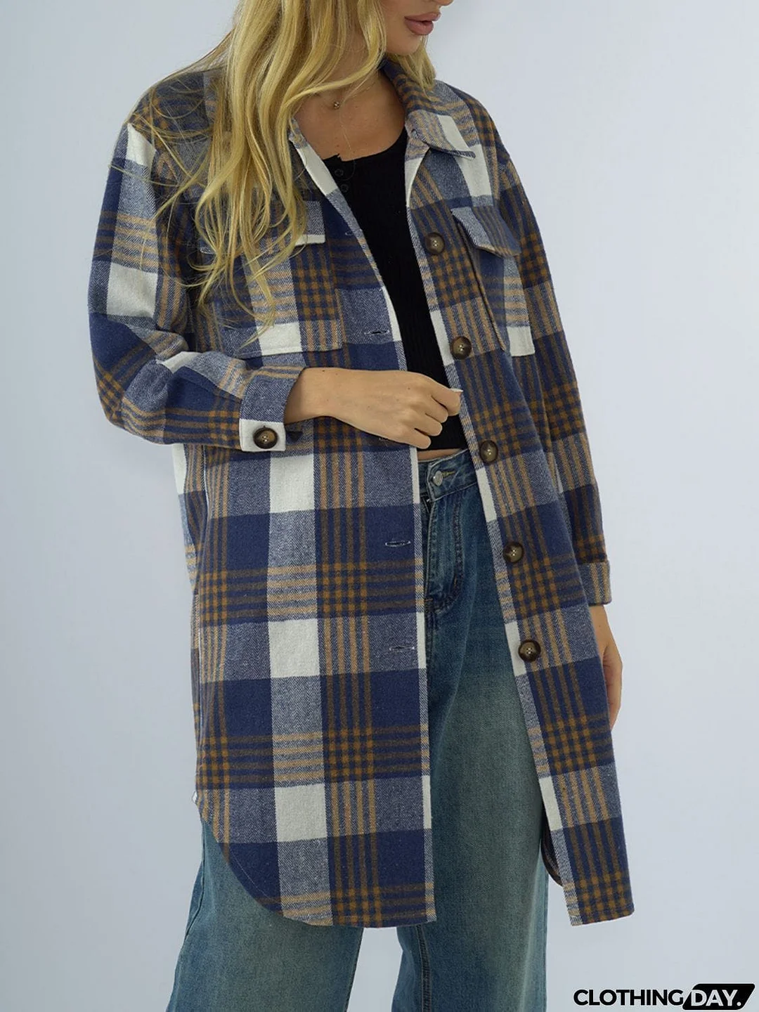 Plaid Collared Neck Long Sleeve Coat