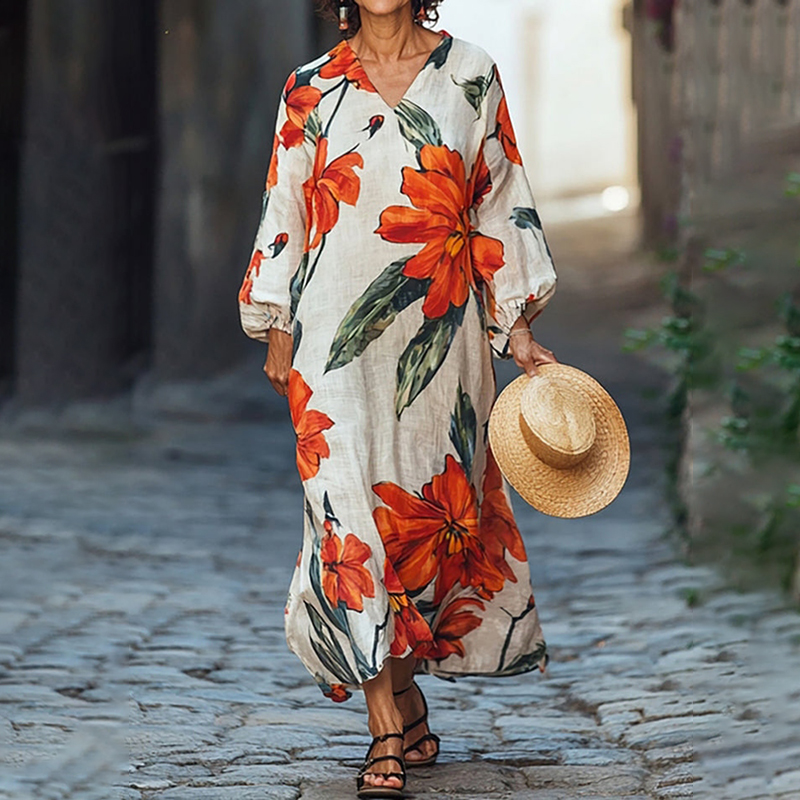 Comstylish Women's Elegant Floral Print V-neck Loose Midi Dress