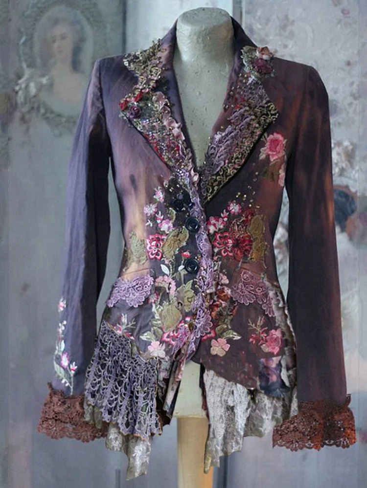 Ursime Floral Notch Lapel Long Sleeve Lace Cuff Button Jacket