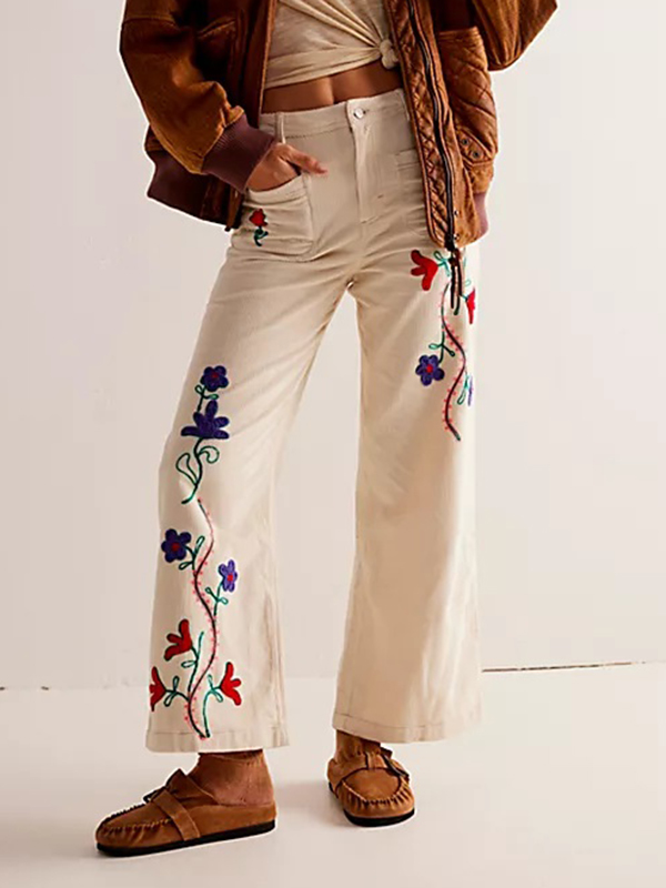 Floral Embroidered High Waist Multi-pocket Jeans