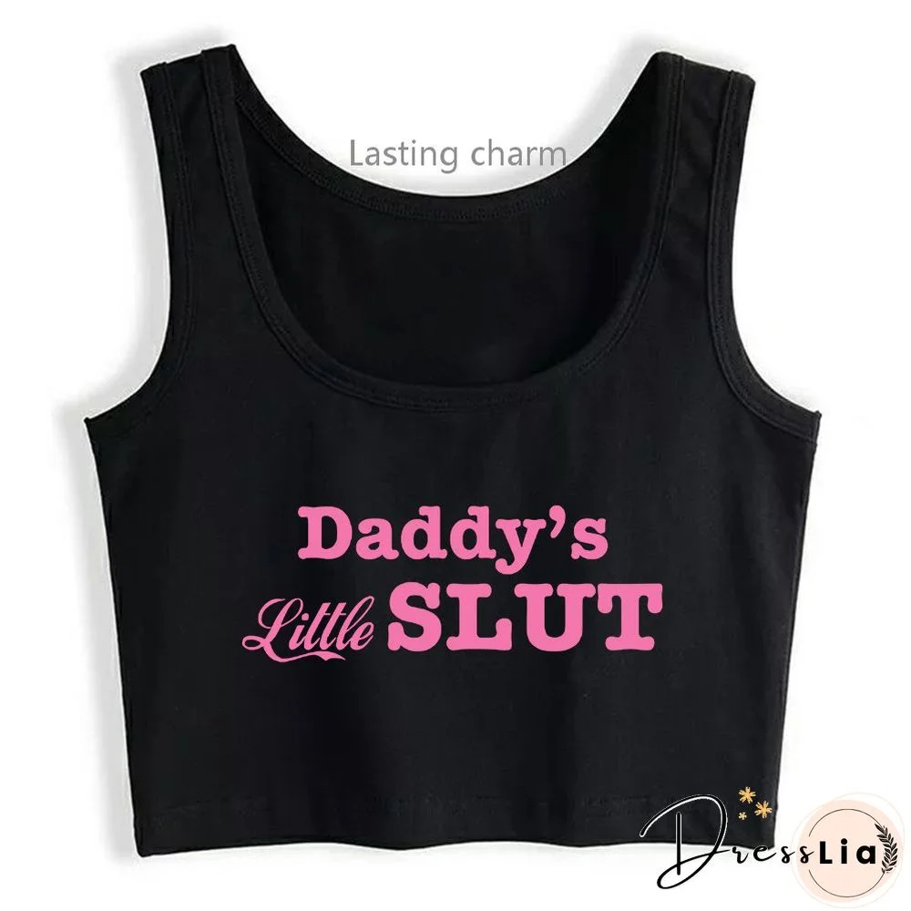 Daddys Little Slut Print Crop Top Fun Flirty Camisole Cami Tank Top Girls Fitted Scoop Neck Crop Top