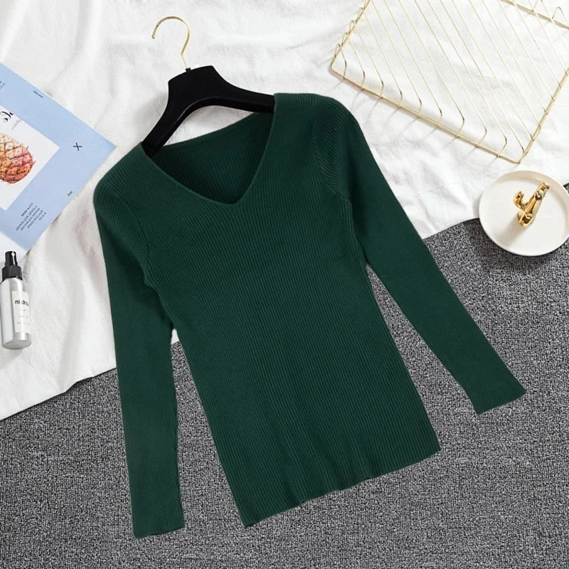 Zoki Sexy V Neck Women Pullover Sweater Fashion Autumn Winter Long Sleeve Knitted Jumper Top Casual Korean Slim Basic Blouse