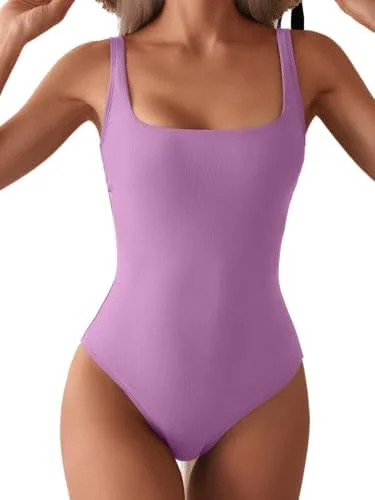 Ribbed Tummy Control Square Neck One Piece Swimsuits