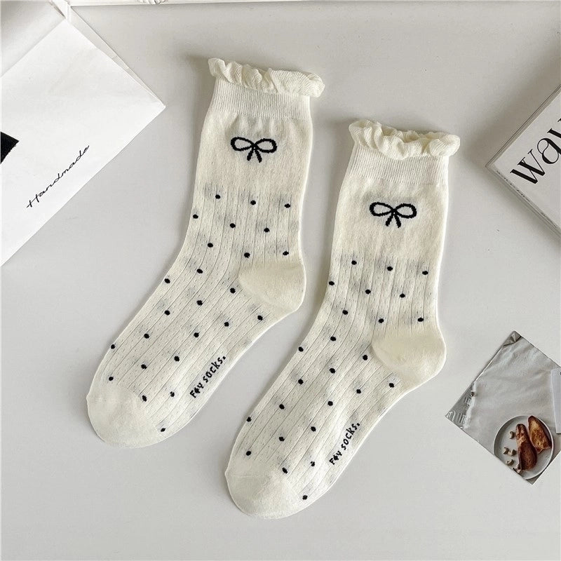 Bowknot Socks Women’s Spring And Summer Mid-length Socks Thin Sweat-absorbent Stockings Black And White Versatile Trendy Zhuji Socks