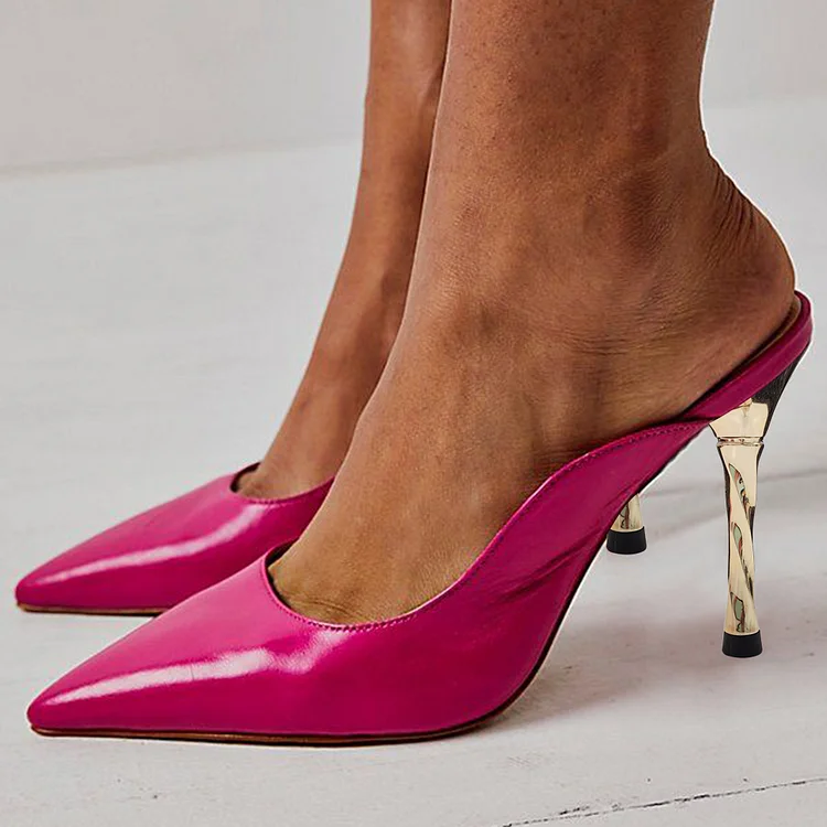 Fuchsia Slip-On Pointed Toe Sculptural Heels Mules for Women |FSJ Shoes