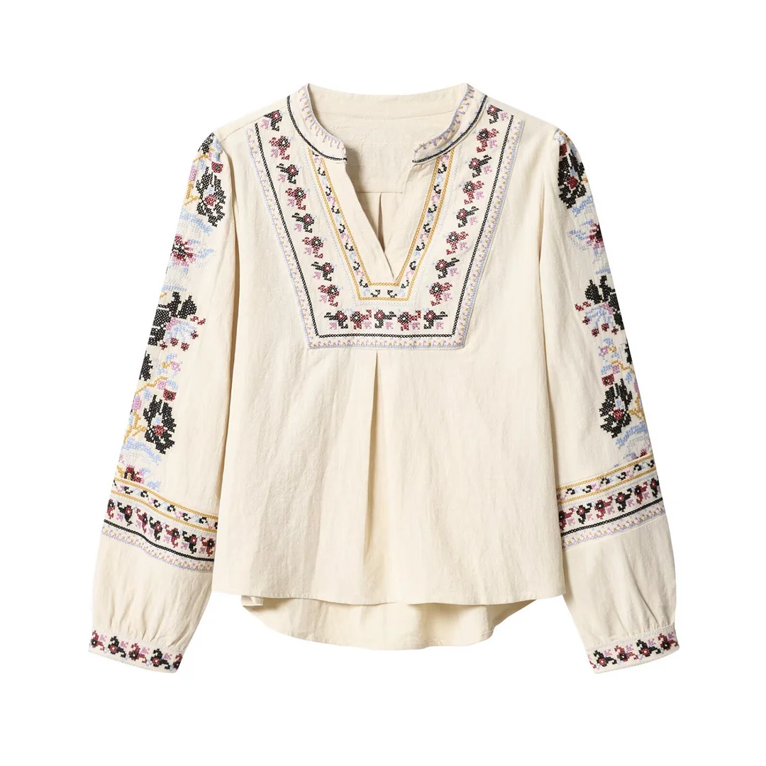 Nigikala Nigikala Spring And Summer New French V-Neck Heavy Industry Embroidery Shirt Embroidered Long Sleeves