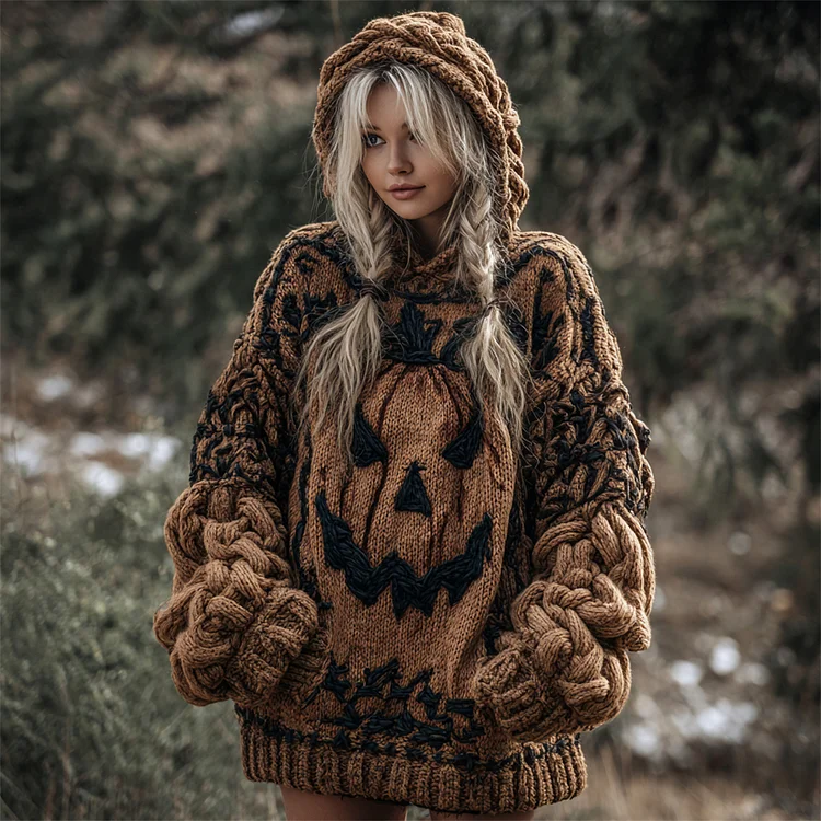 Halloween Evil Pumpkin Face Women's Chunky Knit Hooded Sweater