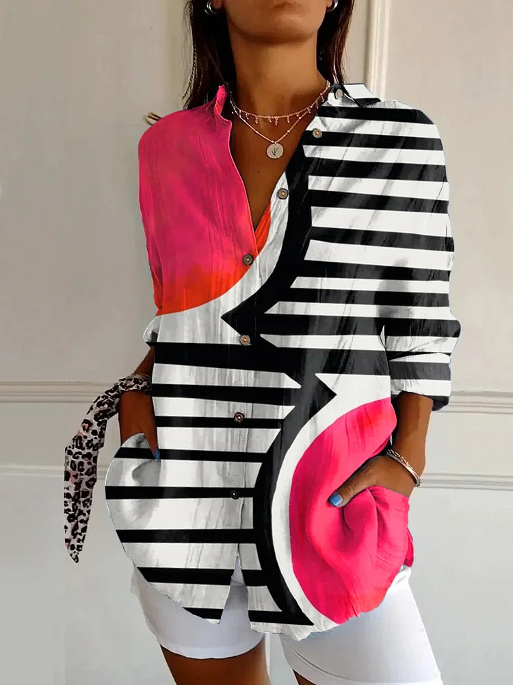 Vintage Abstract Art Stripe Print Casual Long Sleeve Shirt
