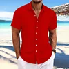Camicia da uomo a maniche corte jacquard rigata in cotone e lino con revers