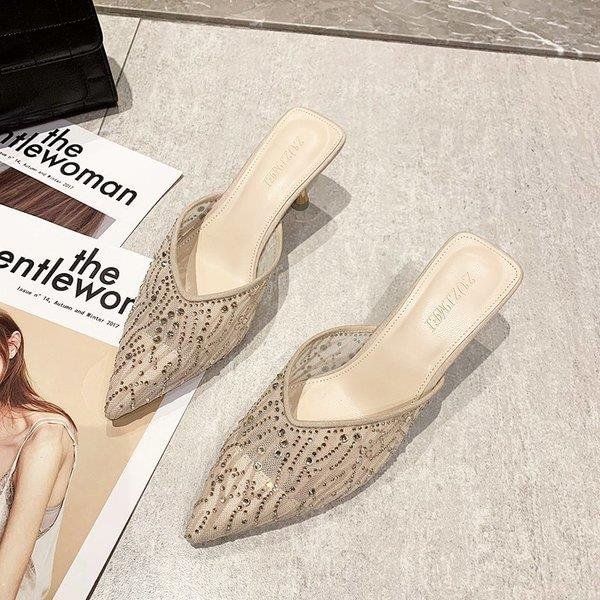 Qjong Slides Med Shoes Woman 2022 Slippers Casual Thin Heels Shallow Heeled Mules Pantofle Jelly Luxury High New PU Cotton Fab