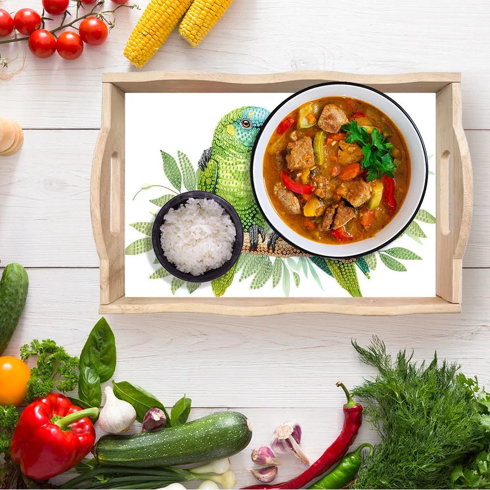 5D DIY Flower Parrot Diamond Painting Wooden Serving Tray with Handle for Desk