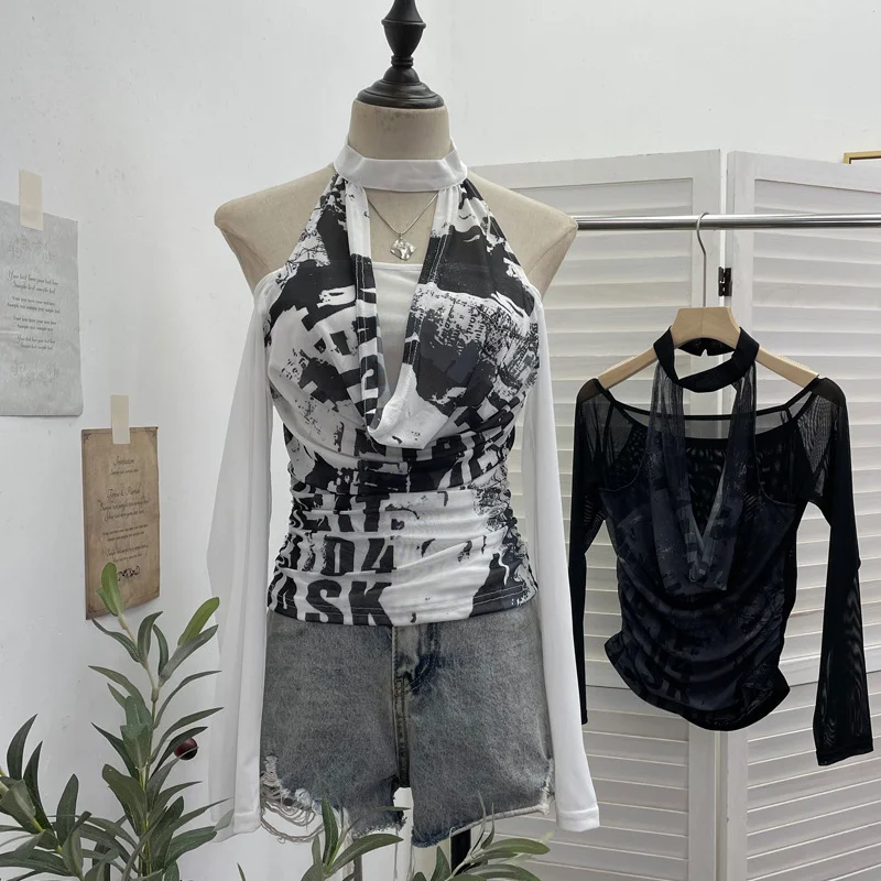 Nigikala Nigikala Hottie Hanging Neck A Word Shoulder Collar Long Sleeve Mesh Yarn T-Shirt 1331