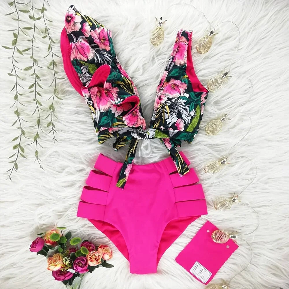 Two-Pieces Women Floral 2022 Push-Up Padded Bra Ruffles Bandage Bikini Set Swimsuit Swimwear Bathing Suit Beachwear Biquini