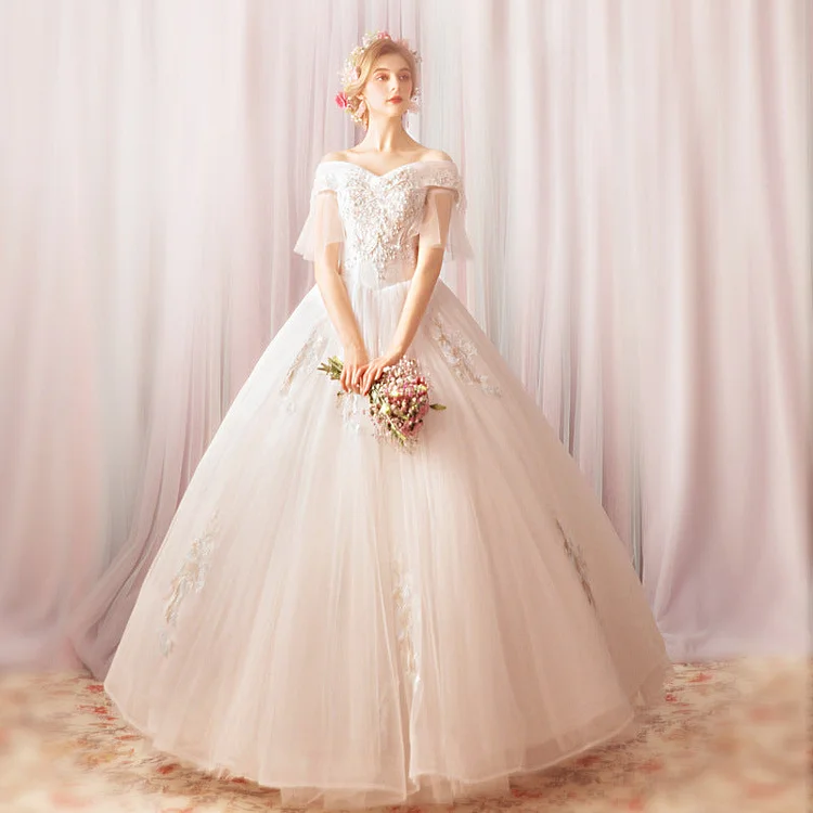 Women's Evening Dress Ball Gown Princess Quinceanera Wedding Dresses Off-Shoulder Flare Sleeve White Floor-Length Bridal Wedding Dress