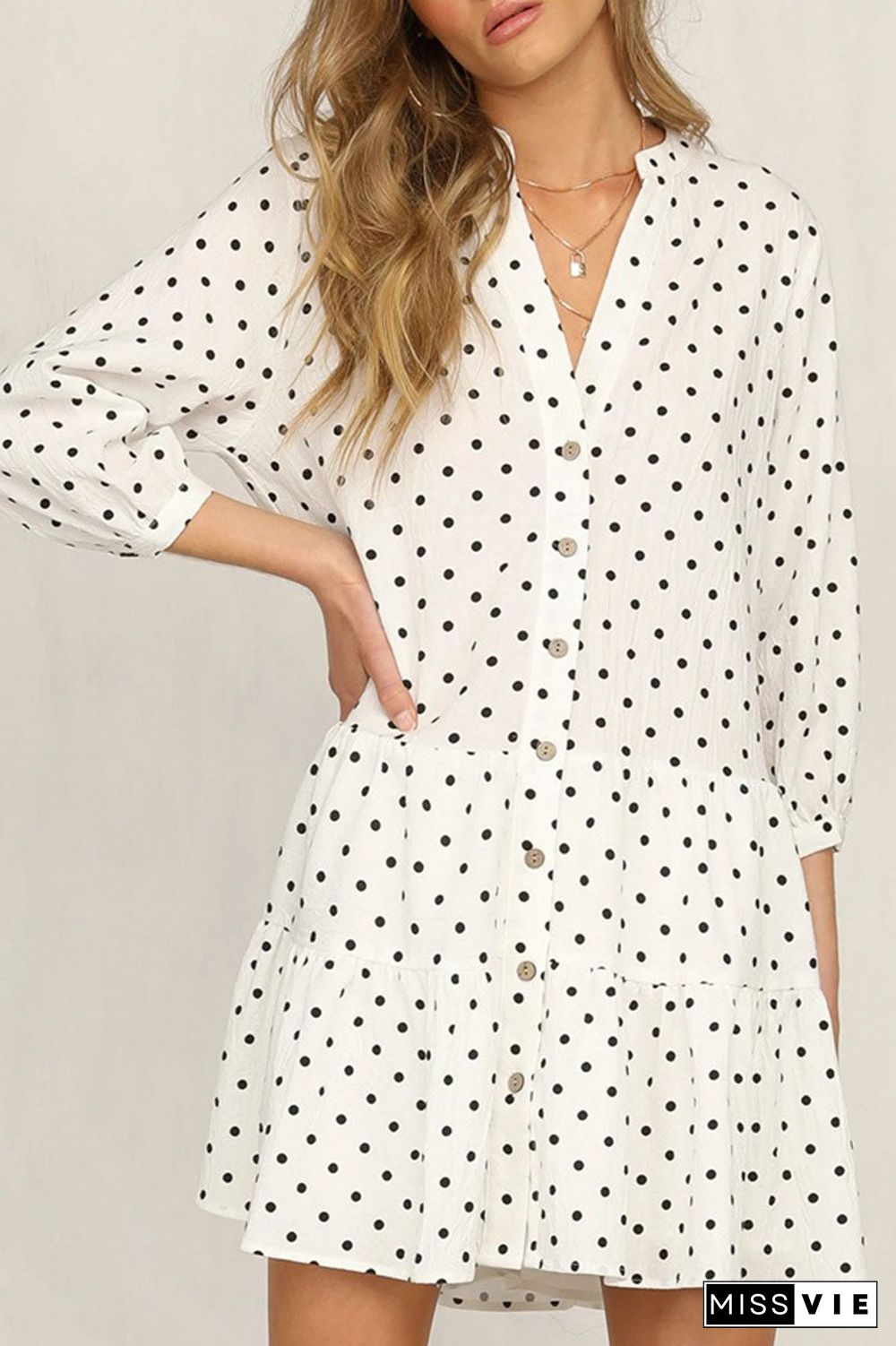 Fashion Street Dot Split Joint Mandarin Collar Printed Dresses