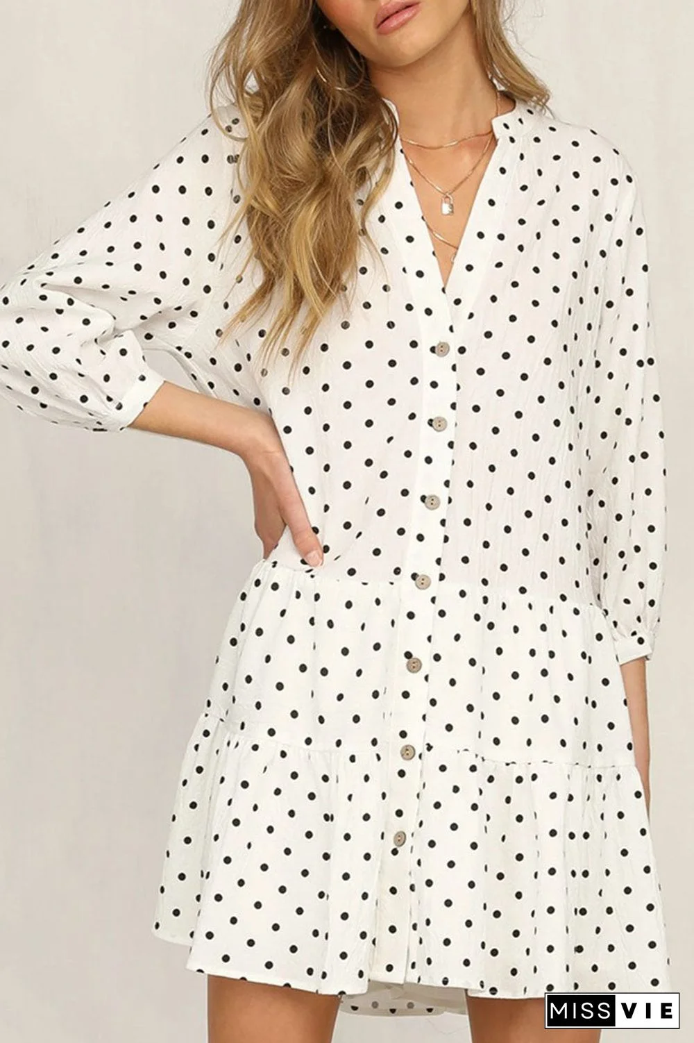 Fashion Street Dot Split Joint Mandarin Collar Printed Dresses