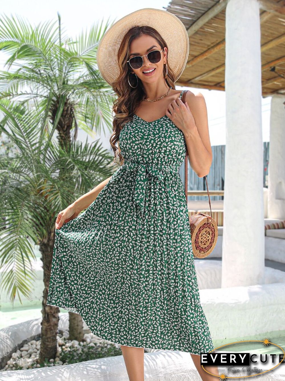 New Spring And Summer Casual Floral Dress Lace Up Medium Length Large Pleated Skirt Fashion Holiday Casual Women's Wear Dress