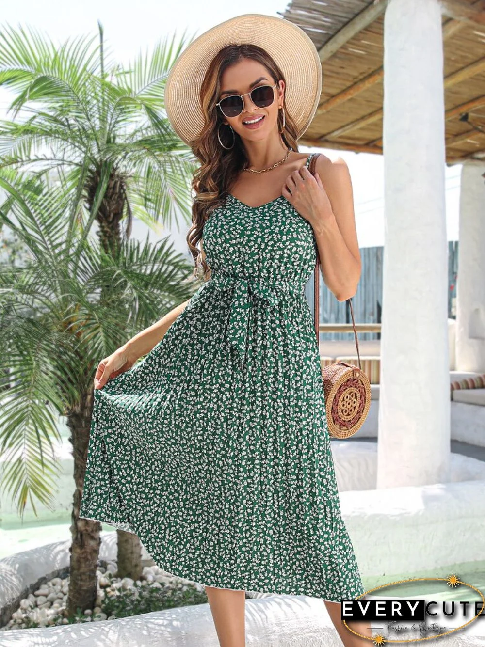 New Spring And Summer Casual Floral Dress Lace Up Medium Length Large Pleated Skirt Fashion Holiday Casual Women's Wear Dress