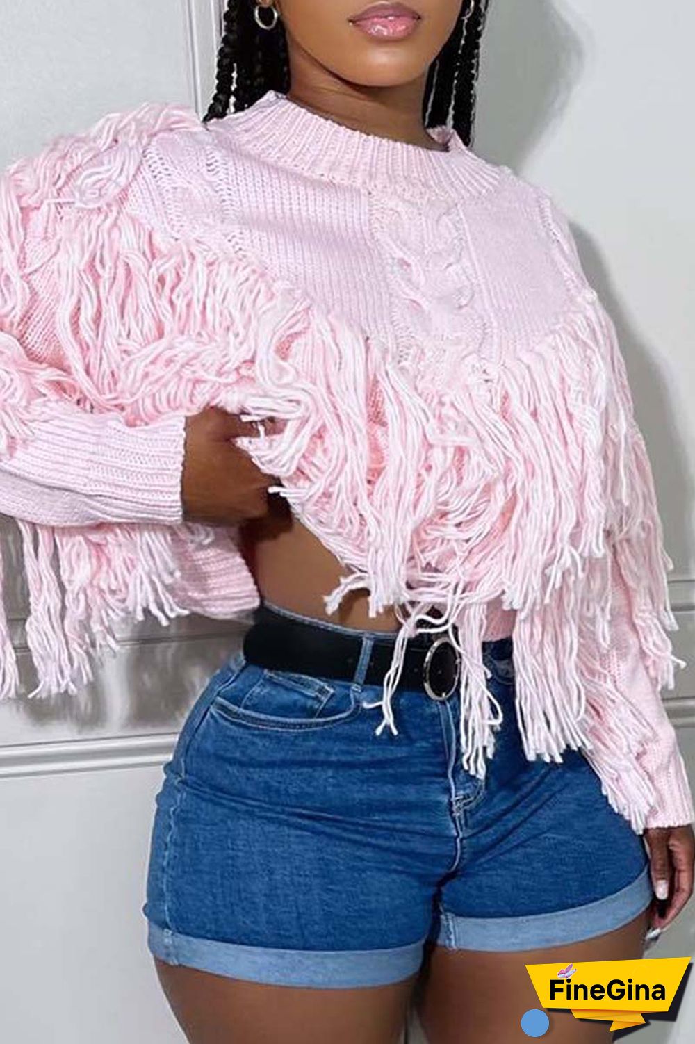 Pink Casual Solid Tassel O Neck Tops