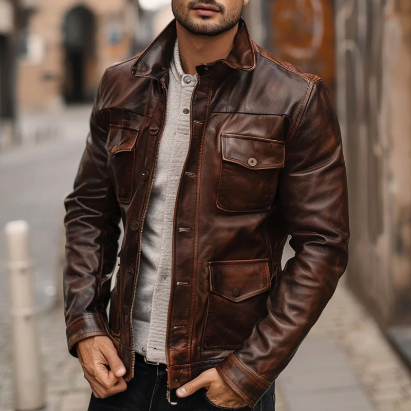 Vintage Men's Distressed PU Leather Lapel Single Breasted Jacket