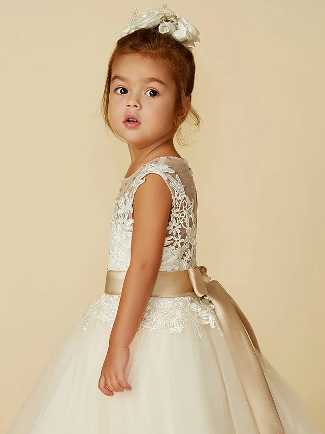 Daisda Sleeveless Jewel Neck Ball Gown Flower Girl Dress Lace Tulle With Belt  Buttons  Beading