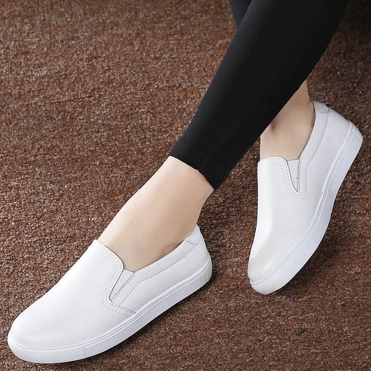 Genuine Leather White Shoes Flats Platforn Sneakers Slip On Soft Vulcanized Shoes shopify Stunahome.com