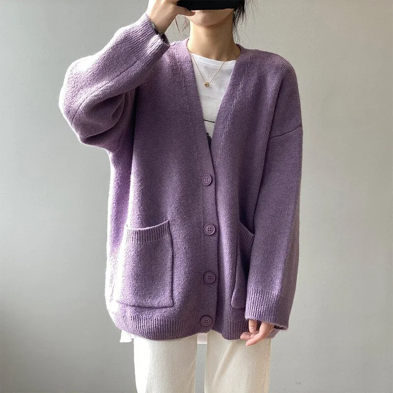 Syiwidii Fall Winter 2021 Knit Cardigan Casual Sweater Woman Long Sleeve V-Neck Pockets Loose Coats Vintage Oversized Jacket