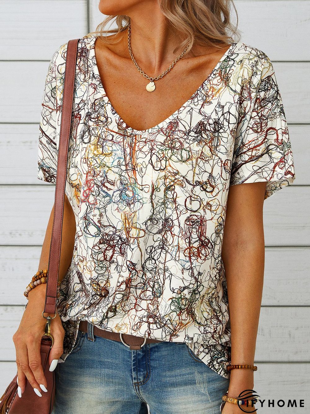 Casual Short Sleeve V Neck Printed Top | IFYHOME