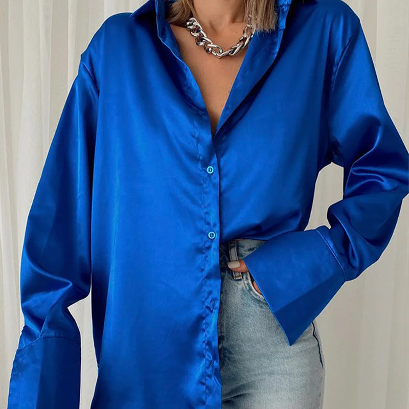 Back to school  Women 2022 Elegant Satin Solid Long Sleeve Blouses Female Chic Vintage Blue Green Casual Loose Buttons Shirts Oversize Top Tunic