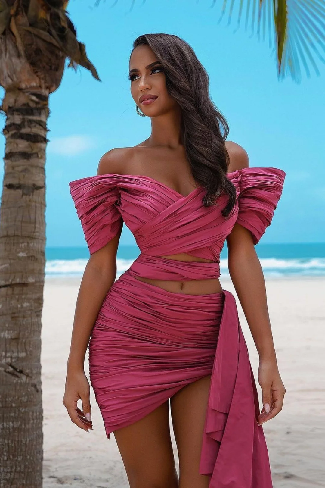 Rose Prom Dress Off-the-shoulder Pleated Short With Trail YL0214