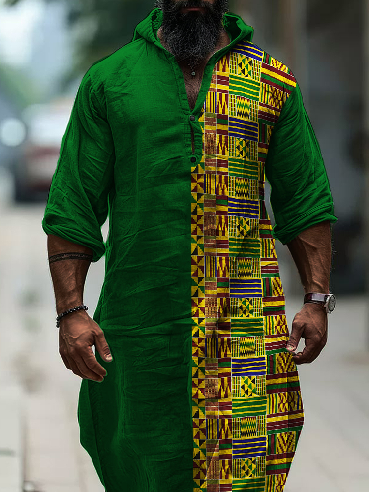 Men's African Ethnic Kente Patchwork Linen Long Hooded Tunic
