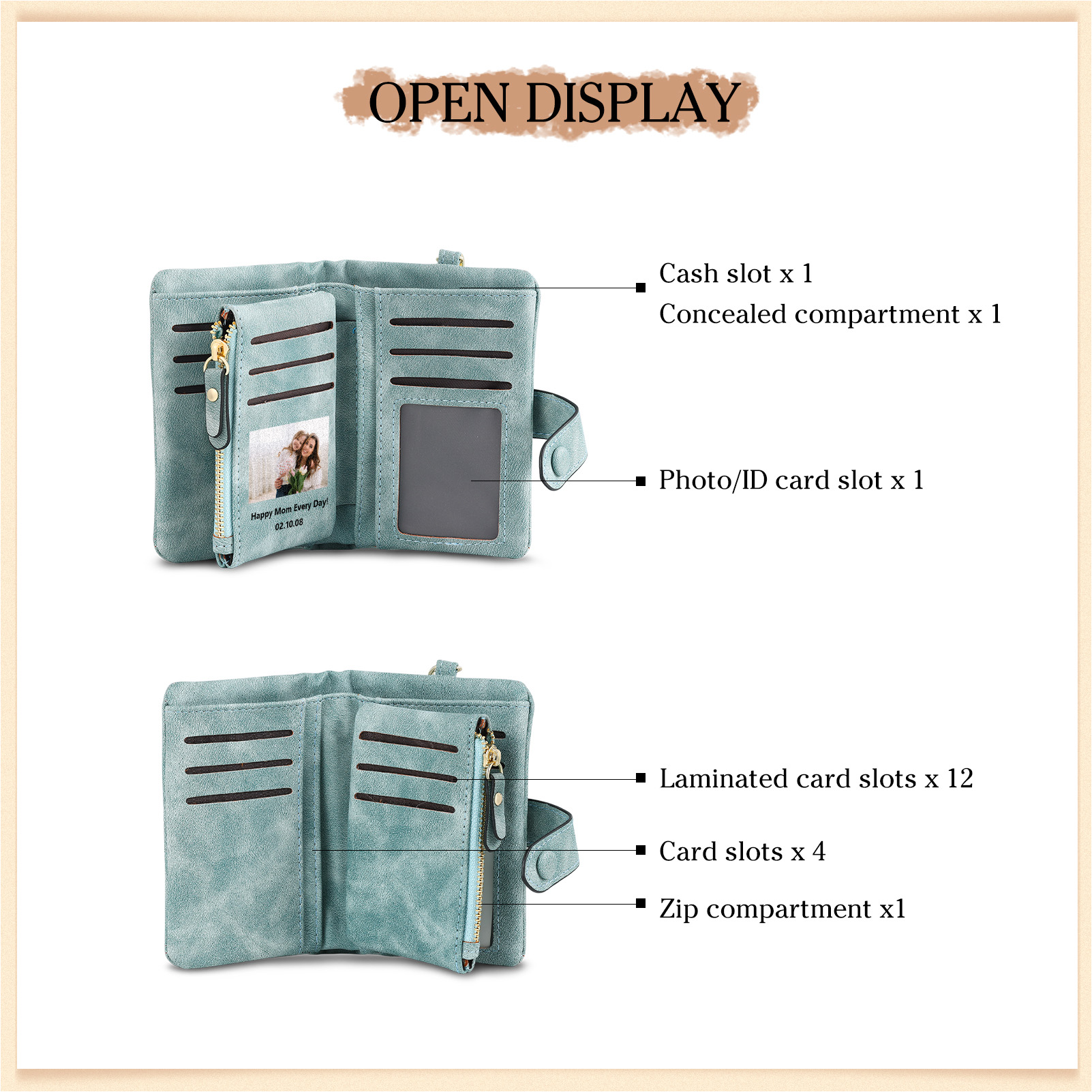 Portafoglio in PU pelle girasole con 1 letetra & 1 testo & 1 nome & 1 foto personalizzati per mamma/nonna