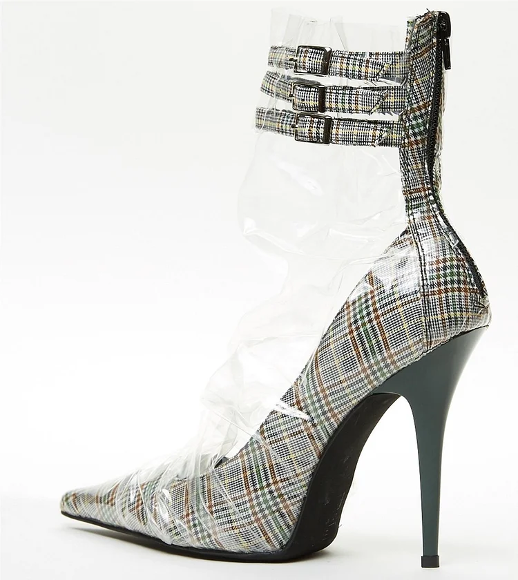 Clear Wrapped Plaid Pointy Toe Stiletto Heel Ankle Strap Heels Pumps |FSJ Shoes