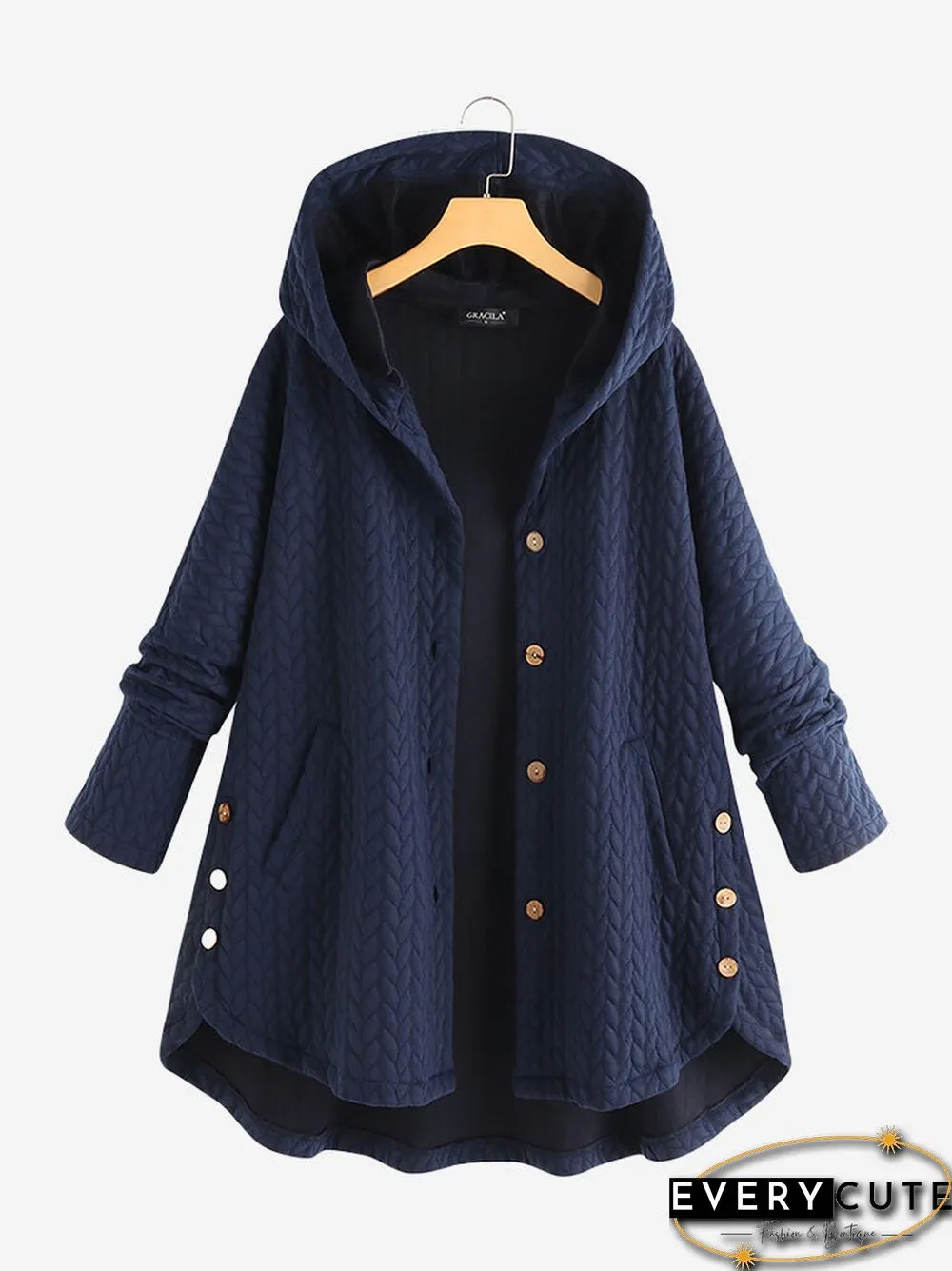 Casual Jacquard Pockets High Low Thin Loose Hooded Coat