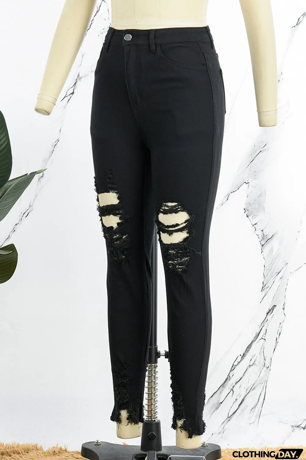 Black Casual Solid Ripped High Waist Skinny Denim Jeans