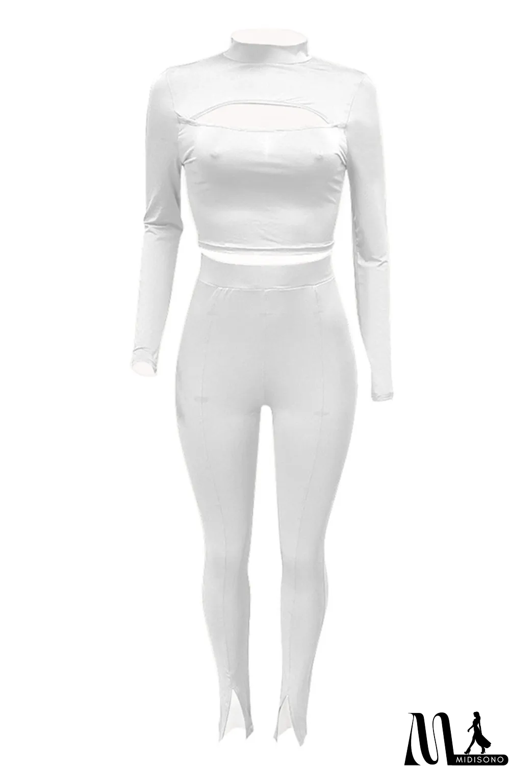 MidiSono - White Sexy Casual Solid Bandage Turtleneck Long Sleeve Two Pieces