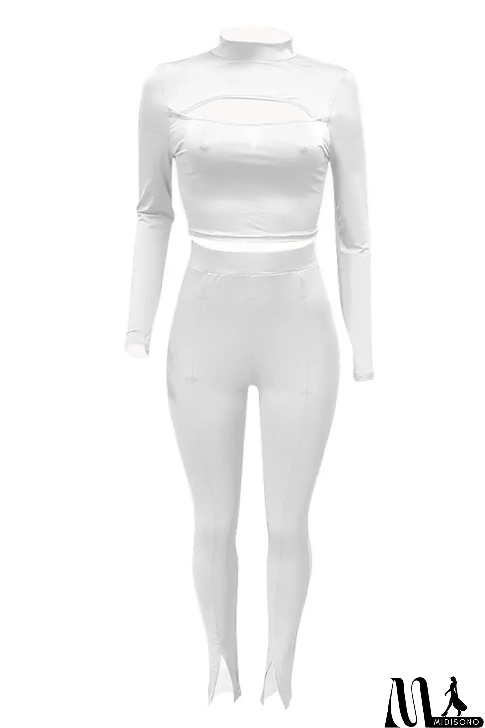 MidiSono - White Sexy Casual Solid Bandage Turtleneck Long Sleeve Two Pieces