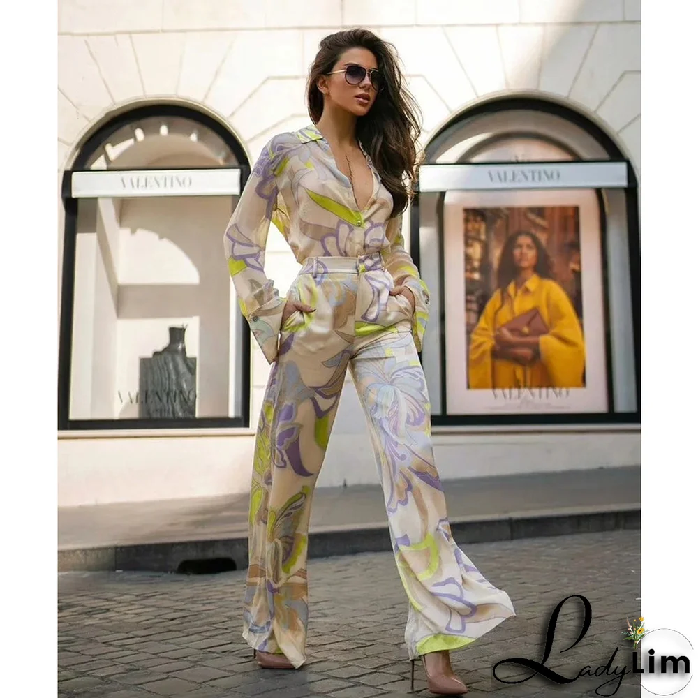 Vintage Single-breasted Printed Shirt and Bottom