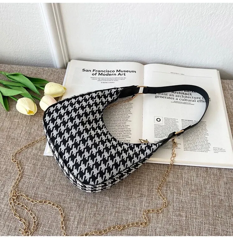 Plaid Canvas Women's Bag New PU Leather Crescent Shoulder Bag Fashionable Simple Zipper Pure Color Handbags for Women 2022