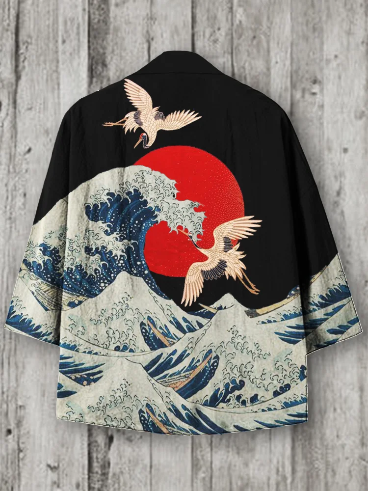 Cranes Great Wave Sunrise Japanese Linen Blend Kimono Cardigan